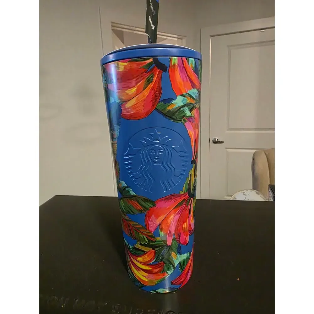 Starbucks Farm Rio Blue Straw Tumbler with Pink Bananas
